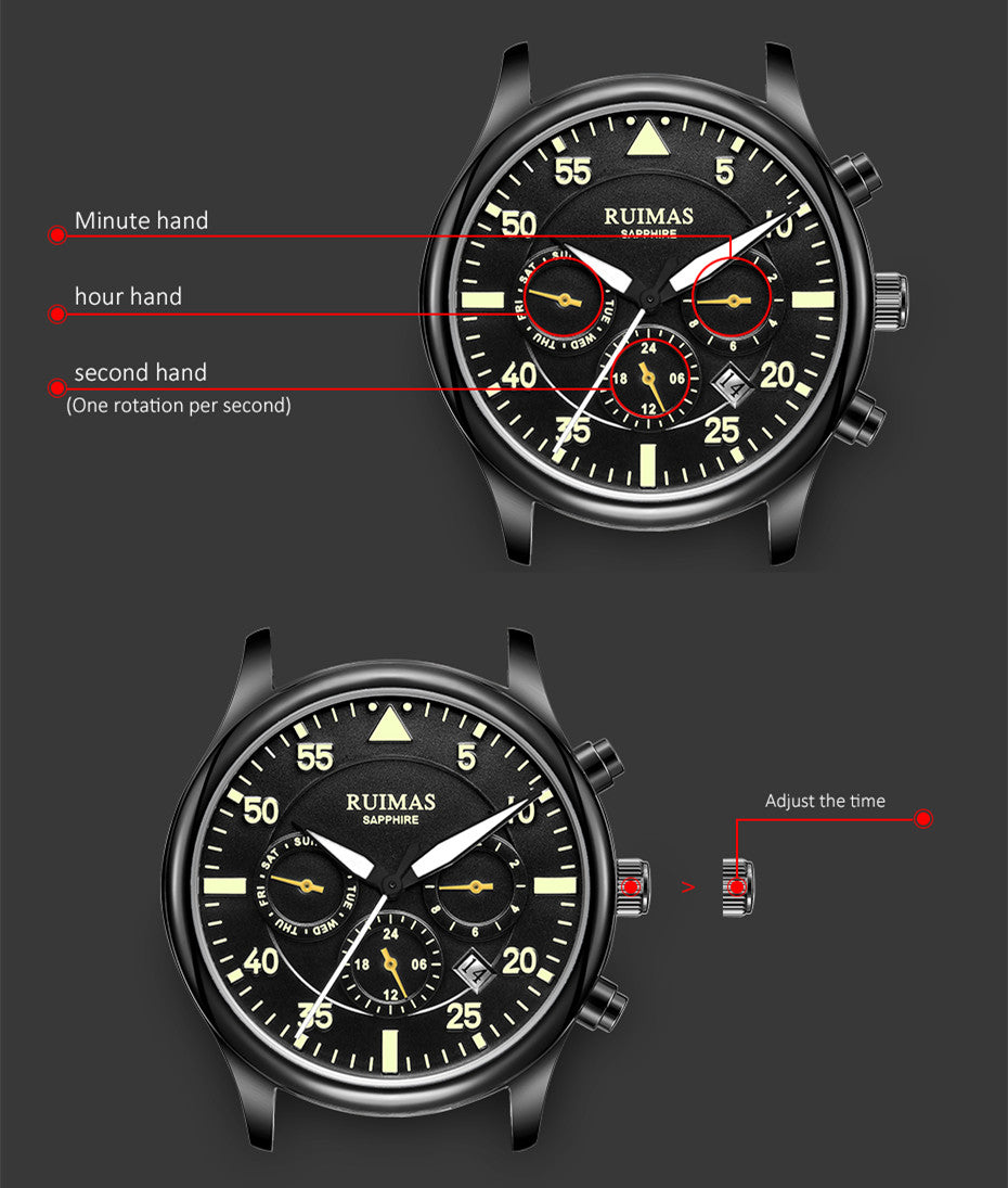 RUIMAS Men Mechanical Watches Fashion Leather Strap Sapphire Automatic Movement Wristwatch Luminous Clock Male Date Week Display 6769