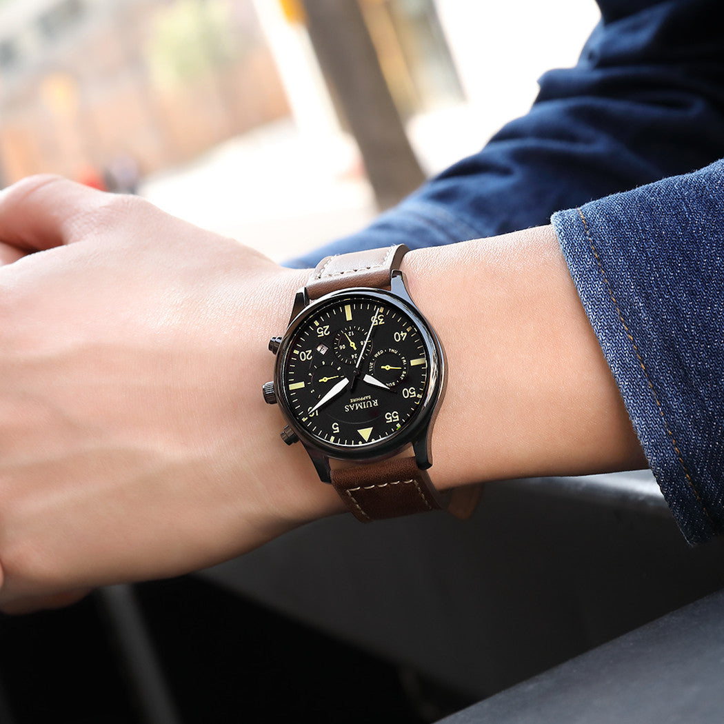 RUIMAS Men Mechanical Watches Fashion Leather Strap Sapphire Automatic Movement Wristwatch Luminous Clock Male Date Week Display 6769