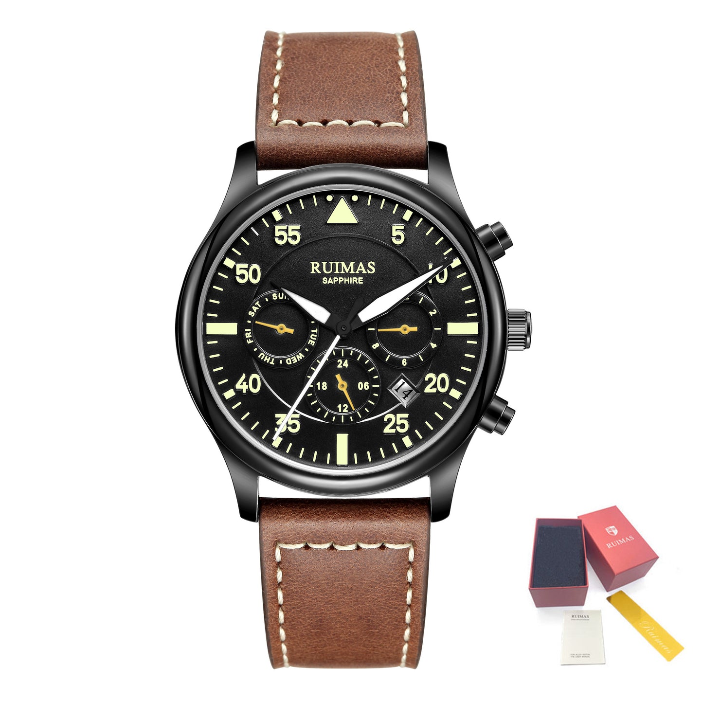 RUIMAS Men Mechanical Watches Fashion Leather Strap Sapphire Automatic Movement Wristwatch Luminous Clock Male Date Week Display 6769