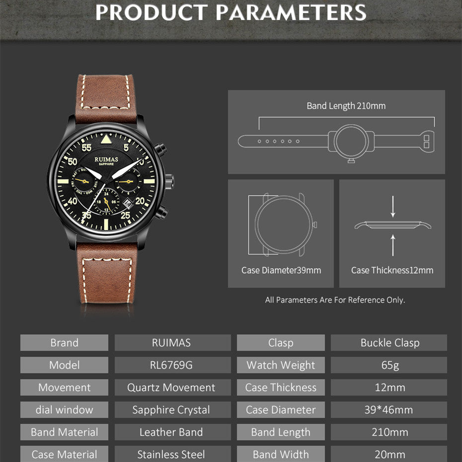 RUIMAS Men Mechanical Watches Fashion Leather Strap Sapphire Automatic Movement Wristwatch Luminous Clock Male Date Week Display 6769