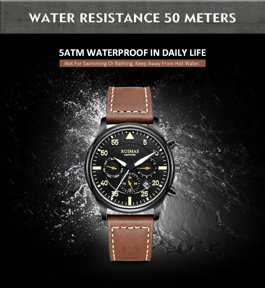 RUIMAS Men Mechanical Watches Fashion Leather Strap Sapphire Automatic Movement Wristwatch Luminous Clock Male Date Week Display 6769