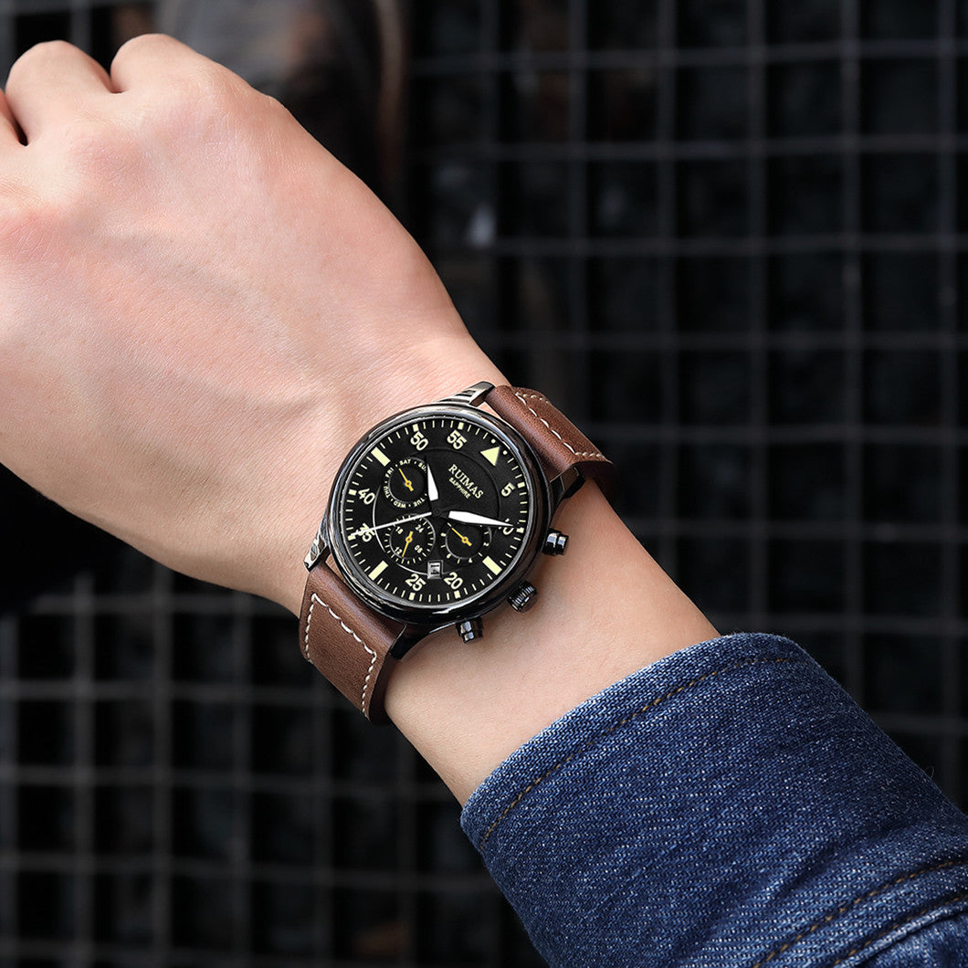 RUIMAS Men Mechanical Watches Fashion Leather Strap Sapphire Automatic Movement Wristwatch Luminous Clock Male Date Week Display 6769