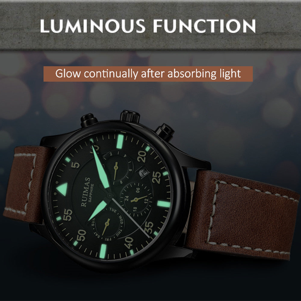 RUIMAS Men Mechanical Watches Fashion Leather Strap Sapphire Automatic Movement Wristwatch Luminous Clock Male Date Week Display 6769