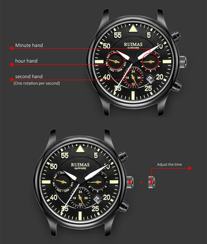 RUIMAS Men Mechanical Watches Fashion Leather Strap Sapphire Automatic Movement Wristwatch Luminous Clock Male Date Week Display 6769