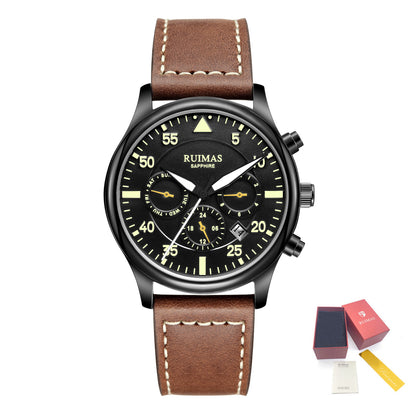 RUIMAS Men Mechanical Watches Fashion Leather Strap Sapphire Automatic Movement Wristwatch Luminous Clock Male Date Week Display 6769