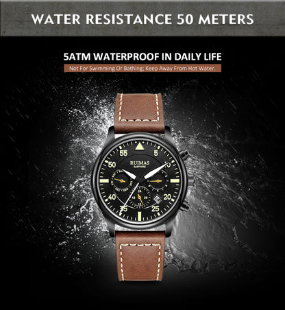 RUIMAS Men Mechanical Watches Fashion Leather Strap Sapphire Automatic Movement Wristwatch Luminous Clock Male Date Week Display 6769
