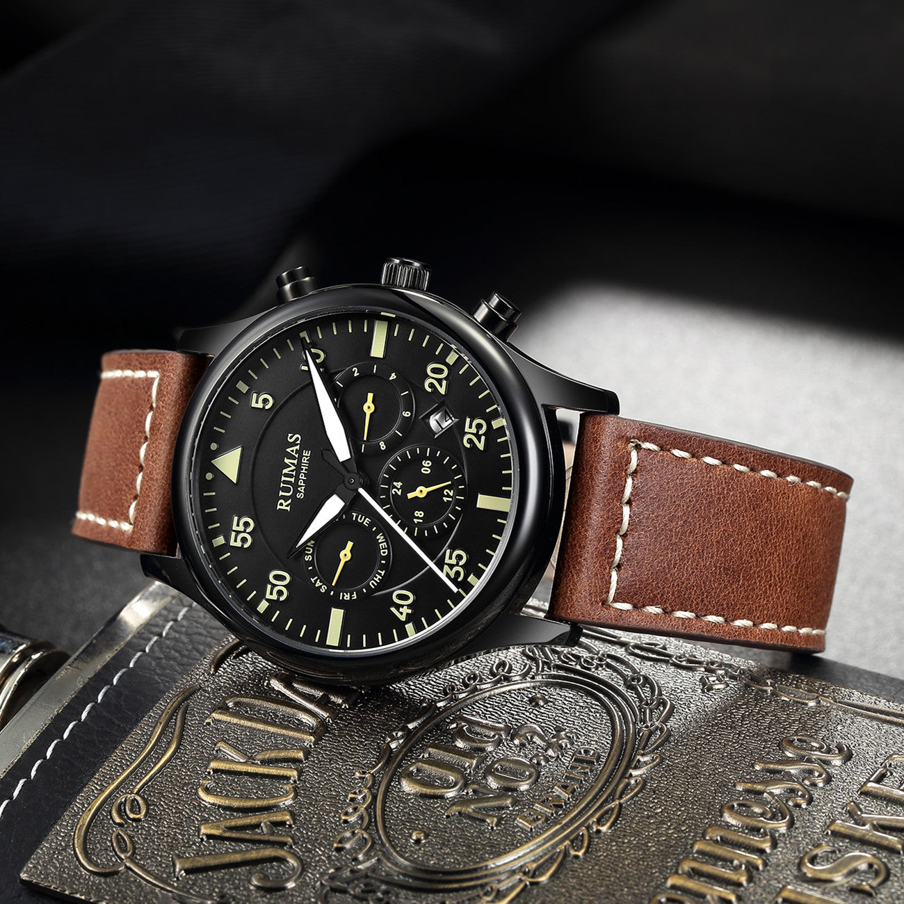RUIMAS Men Mechanical Watches Fashion Leather Strap Sapphire Automatic Movement Wristwatch Luminous Clock Male Date Week Display 6769