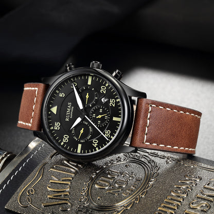 RUIMAS Men Mechanical Watches Fashion Leather Strap Sapphire Automatic Movement Wristwatch Luminous Clock Male Date Week Display 6769